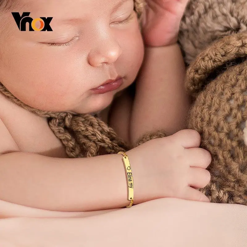 Vnox Custom Bracelets for Mom Newborns Gift, Personalized Stainless Steel Bar Girls Boys Birthday Gift