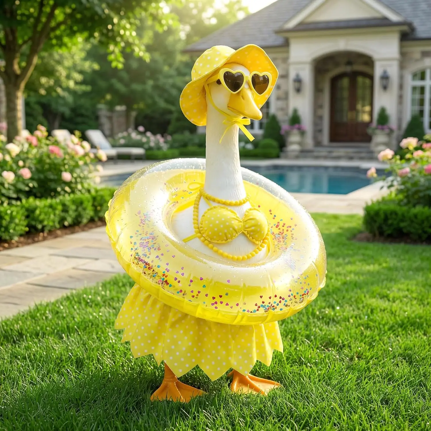 23" Plastic Porch Goose Matching Beach Costume & Clothes Set - Adjustable Outdoor Slip, Yellow Bikini 6pcs, Hat, Swim Ring, Sunglasses, Bikini Top, Daily Garden Decor