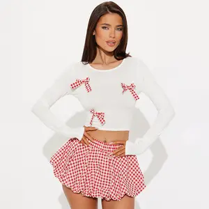Y2k 2024 New Set Dress Round Neck Long Sleeve Crop Tops + Sobriety Plaid Pod Mini Skirt Set For Lovely Hottie Girl