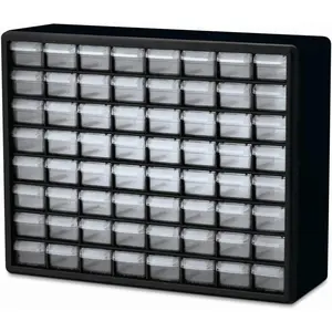 64-Drawer Plastic Drawer Storage Cabinet for Garage Organization, Bead Organizer, Building Bricks Storage, Teacher Toolbox, Makeup Organizer, 20" W x 6" D x 16" H, 10764 Black