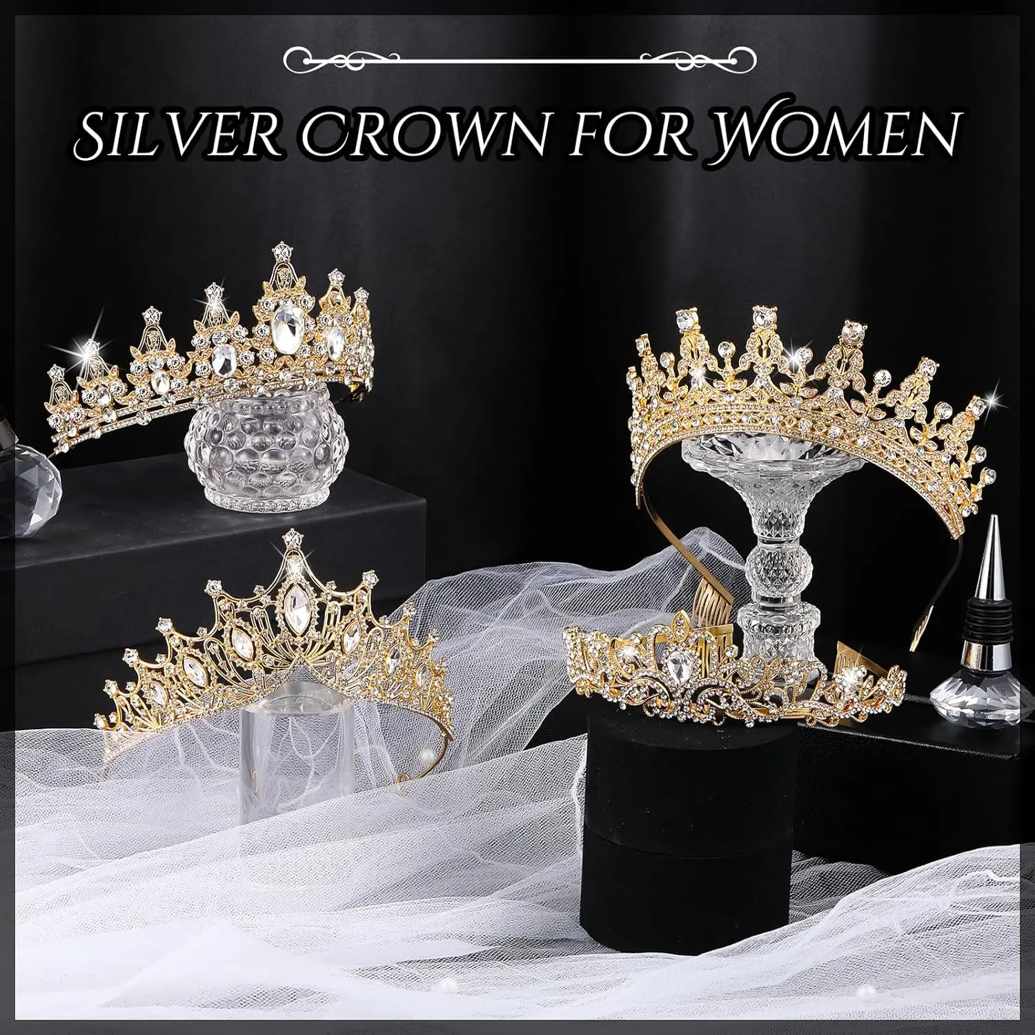 4Pcs Elegant Female Alloy Gold Rhinestone Crowns with Combs - Jewellery for Wedding Party Pageant - Home Improvement Accessory
