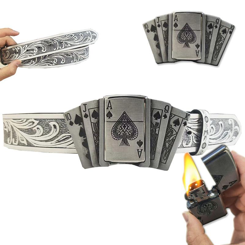 5A playing card pattern leather belt, with a Western cowboy style buckle that also functions as a lighter. A perfect gift for men or fathers.