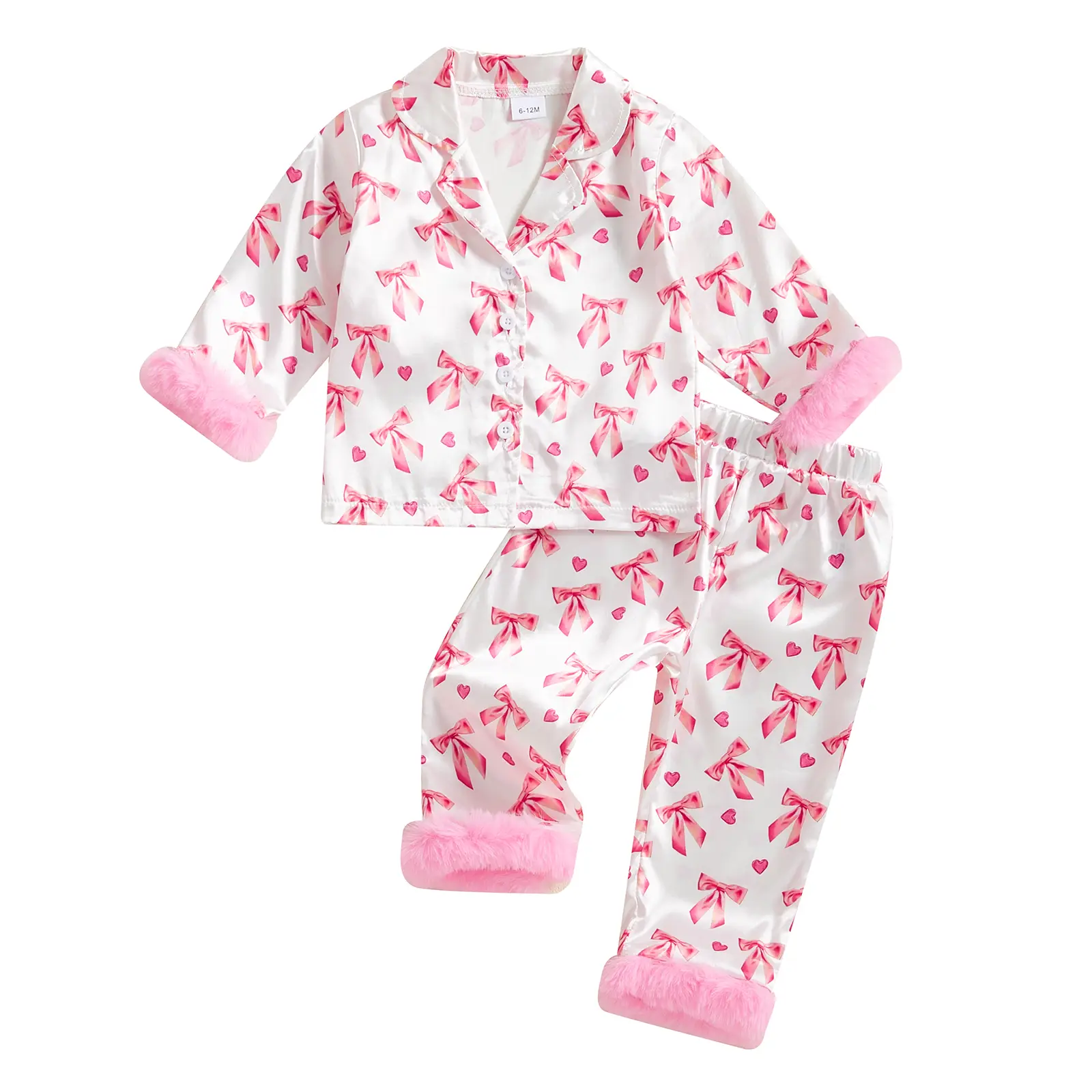 Toddler Baby Girl Valentine Pajamas Sets Bow Print Plush Laple Long Sleeve Tops with Pants