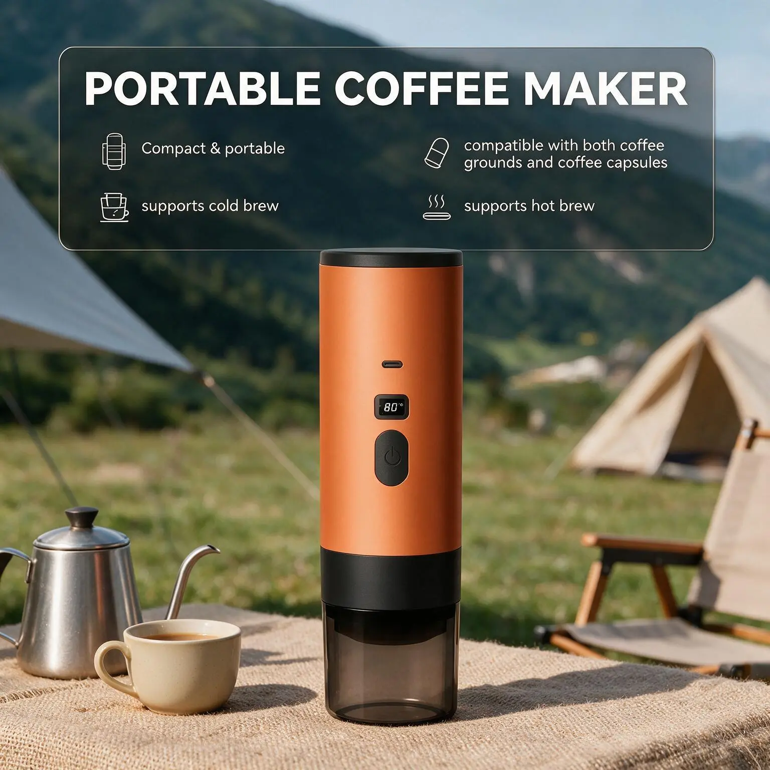 Rechargeable Portable Coffee Maker Machine, Lightweight Hot & Cold Brew Espresso Maker Compatible with Ground Coffee and Capsules, Lightweight Coffee Machines