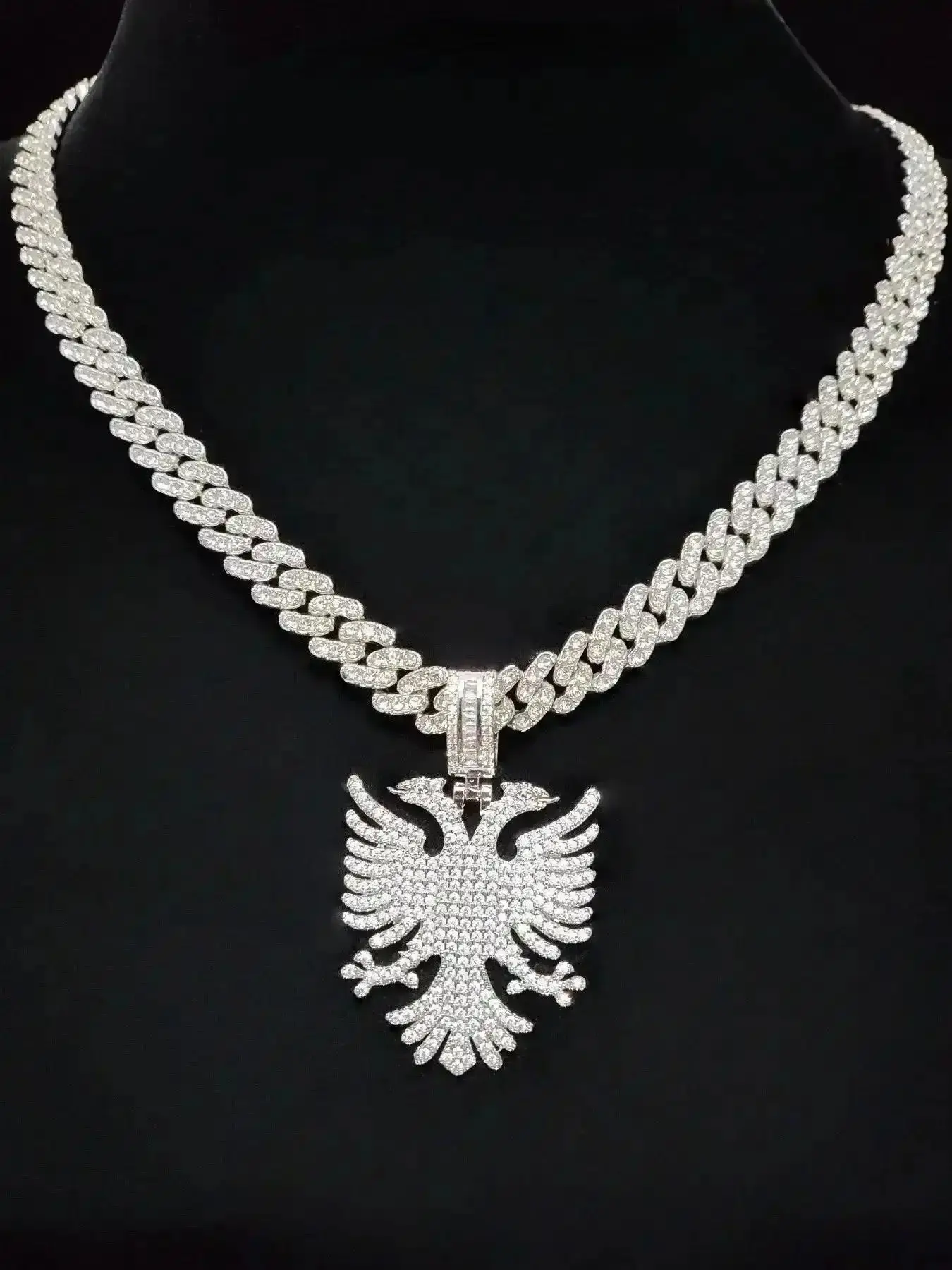 1Pieces Albanian Eagle Shaped Pendant and a 9mm Glass Rhinestone Cuban Chain Men Women Hip Hop Punk Pendant Necklace Iced Out Bling Bling Jewelry Cuban Link Necklace Rhinestone Decorated Necklace