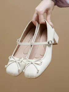 Women's Elegant Ballet Flats with Bowknot, Square Toe Low Block Heel Mary Jane Shoes, Comfortable Soft Sole Dress Shoes for Office Commute Dating, Versatile Fashion Footwear Matching Skirts and Pants, Butterfly Knot Flats