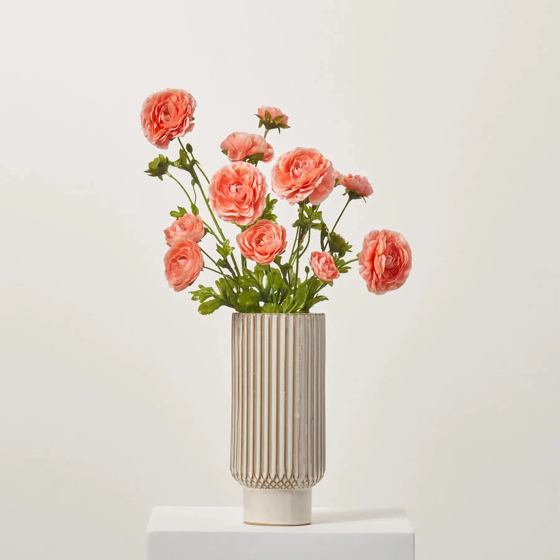 26" Tall Faux Pink Peach Ranunculus Spray - Single Stem with Leaf, Artificial Flower Bouquet, Floral Decor for Home Arrangements, Decorative Bouquet