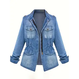 Women'S Plus Size Vintage Washed denim Jacket - Non-Stretchy Structured Fit Zip-Up Blazer, Classic Turn- Collar Long Sleeve Coat for Everyday & Formal Outfits - Spring/Fall Layering Essential Outerwear (No Belt Needed) - Plus Size Friendly