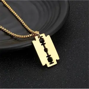 Stainless Steel Razor Pendant Necklace Chain Gold Charm Men 19.6 Inches Adjustable Chain Modern Sophistication