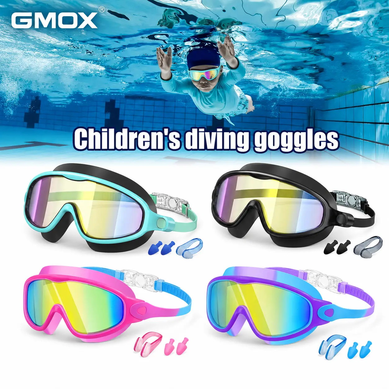 4pc Youth outdoor Swimming Goggles Set for Ages 3-15, Leakproof Anti-Fog Wide View Underwater Glasses with Comfortable Silicone Strap, Earplugs & Nose Clip for Boys & Girls (Water Sports)