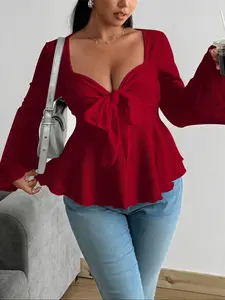 【Plus Size】 Solid Bow Decor Thumb Hole Curved Hem Tee, Plus Casual Long Sleeve T-shirt for Daily Wear, Women Plus Clothing for Fall & Winter, Top