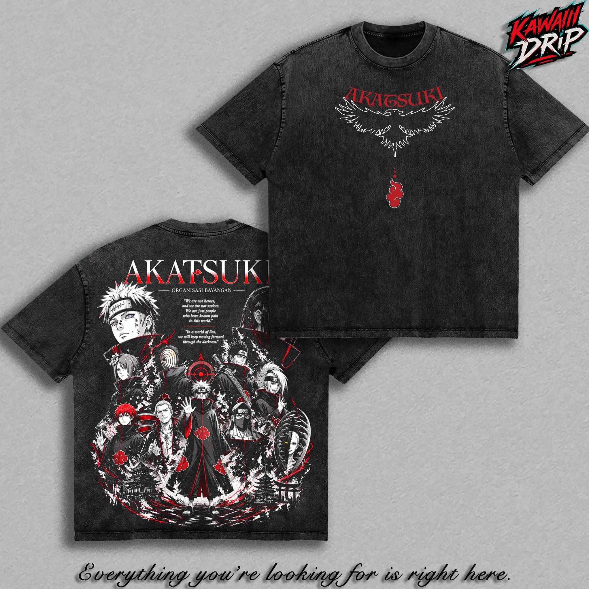 Akatsuki Narutoo Vintage Washed Graphic T Shirt - Akatsuki Team Graphic Tee, Heavyweight Cotton Oversized Streetwear Shirt Unisex Retro Manga Apparel, Gift For Narutoo Fans Men & Women