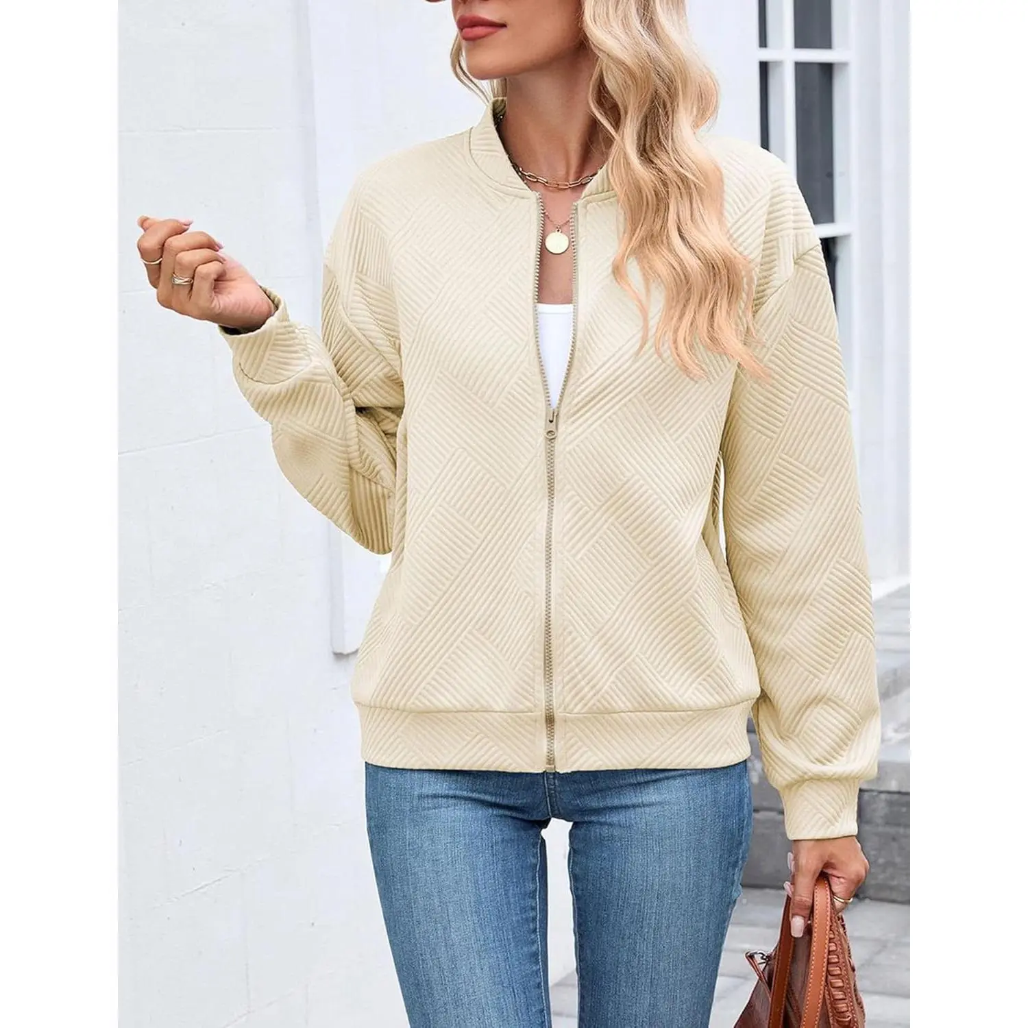Women's Chic Casual Textured Zip-Up Bomber Jacket - Longsleeves, Loose-Fit, Drop Shoulder, Asymmetrical Button Design, Small Size, Cold Wash, Comfy All-Season Outerwear for Coffee with Friends (Check Size Chart) Womenswear Coat