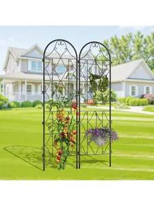 2-Pack Black No-Dig Rustproof Iron Dog Fence Panels, 74.8x21.6 In Outdoor Animal Barrier with Gate, Scrollwork Decorative Garden Border Fence for Patio, Double Pack Plant Support