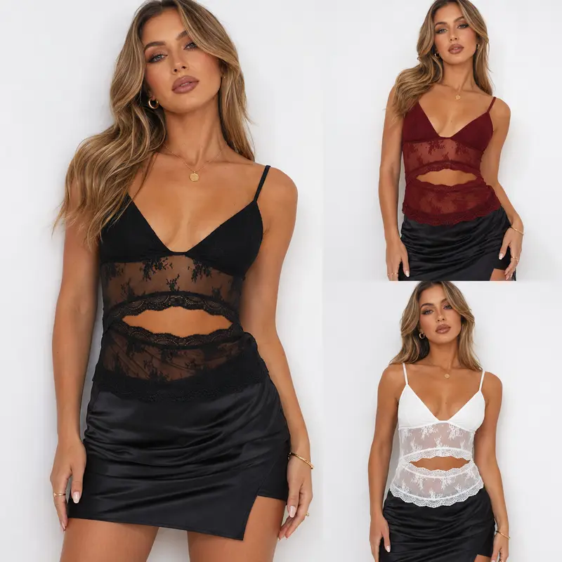 Women's Polyester-Cotton Lace Camisoles - Plunge Deep V-Neck, Sleeveless, Backless, Slim Fit, Classy Dressy Tops, Night Out Clothes, Trendy Summer Streetwear V-Neck Tanks & Camis