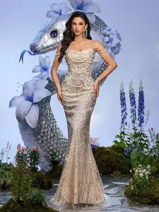 Luxury Beaded Mermaid Evening Gown | Strapless Nude Formal Dress for Wedding & Prom | Maxi Length Woven Fabric Hand Beading Sequin Splicing Womenswear