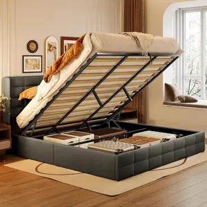 Full Queen King Lift Up Storage Bed Upholstered Platform Bed Frame with Modern Wingback Headboard Woodern Slats Support Hydraulic No Box Spring Needed