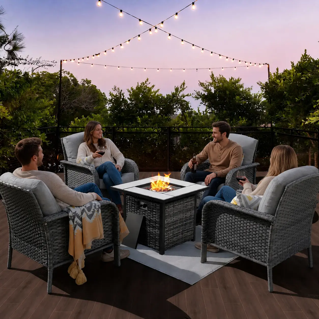 【Summerfinds】OVIOS 5-Piece Outdoor Patio Furniture Set with 30" Fire Pit Table, All-Weather Grey Wicker Conversation Set with Cushions for Backyard, Patio, Porch, Deck & Garden