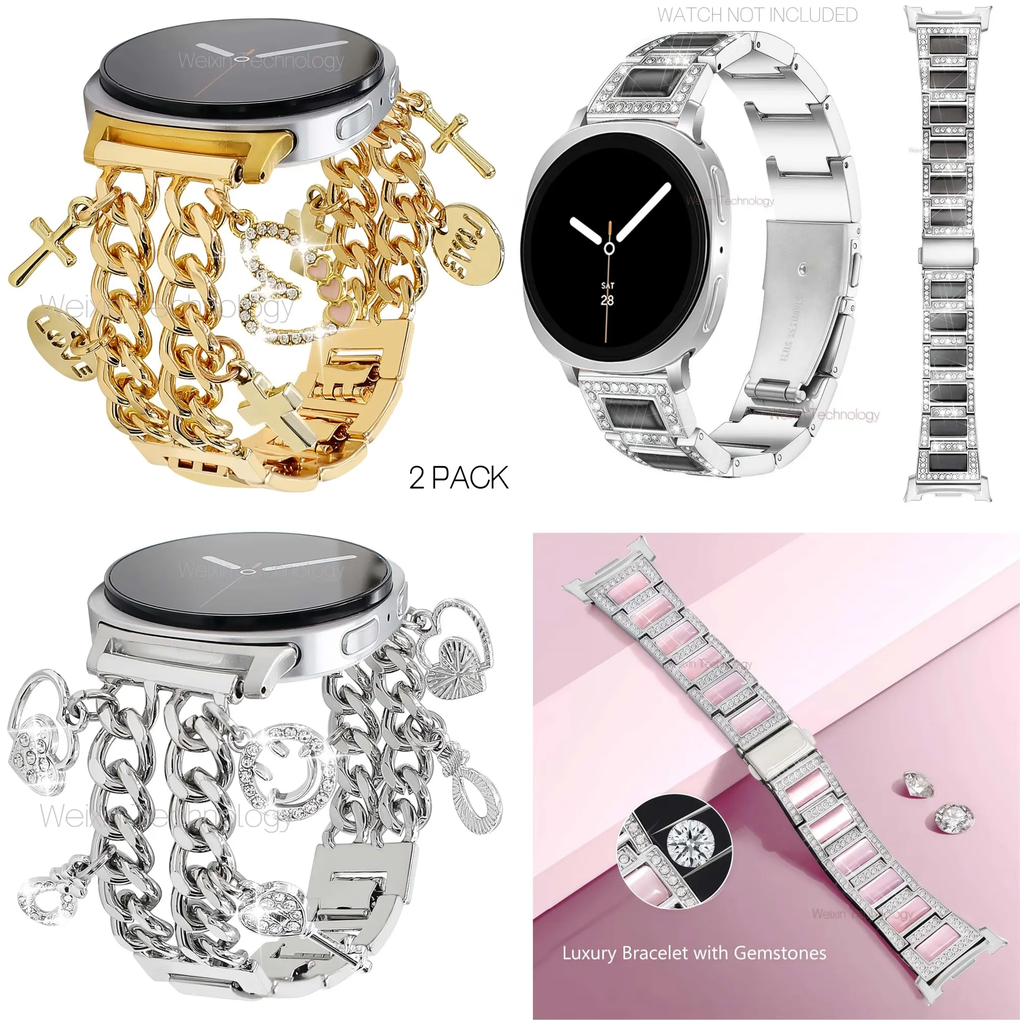 Shiny Metal Bracelet Strap Suitable for Samsung Galaxy Watch 8 (40mm/44mm), Galaxy Watch 8 Classic (46mm), Fashion Cuban Chain Bracelet, Comes with Cute Pendant, and Diamond Metal Strap, Diamond Bracelet Strap, Women's Strap 2 Pack