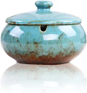 Ceramic Ashtray with Lids, Windproof, Cigarette Ashtray for Indoor or Outdoor Use,Ash Holder for Smokers,Desktop Smoking Ash Tray for Home Office Decoration - Blue