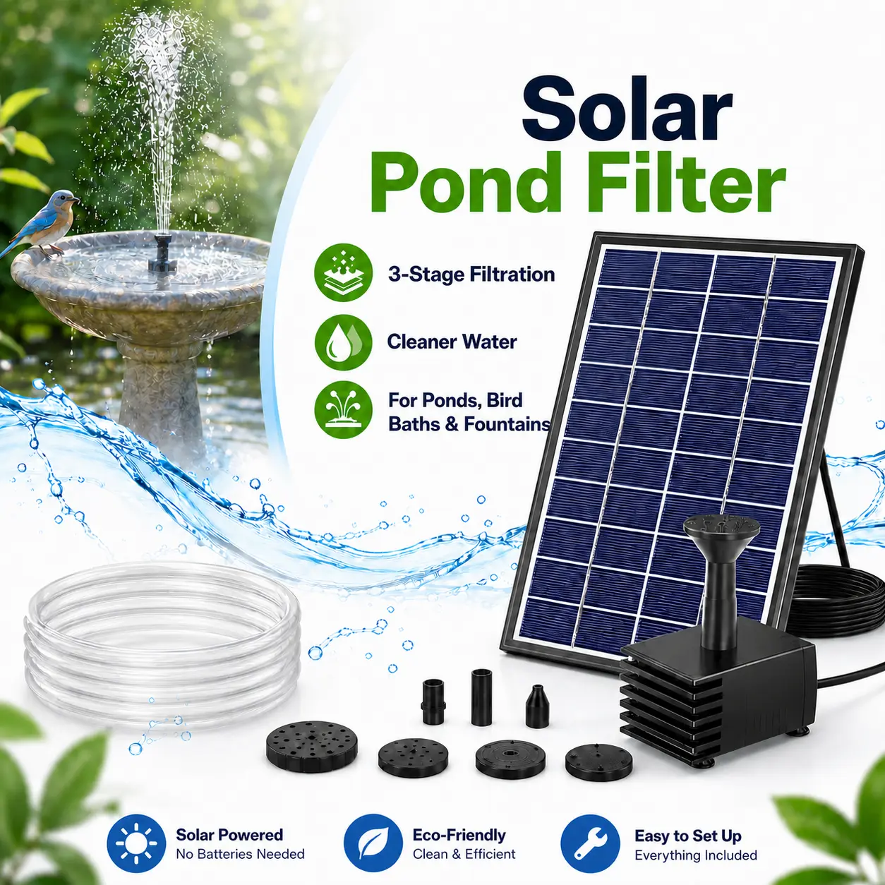 POPOSOAP  Solar Pond Filter Kit with Floating Fountain Pump – Solar Bird Bath Fountain for Small Pond, Fish Tank, Garden & Backyard Water Features