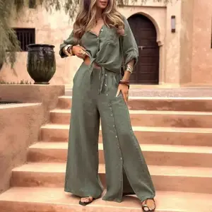 2025 New Cotton And Linen Long-Sleeve Shirt And Button Wide-Leg Pants Two-Piece Set