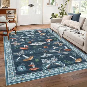 Modern Insect Print Area Rug Washable Border Carpet Mushroom Area Rug Soft Foldable Upholstery Rug with Non-slip Backing for Bedroom Dining Room Office Playroom