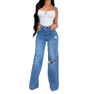 Women's Jeans Loose Casual High Waist Wide Leg Pants Fashion Street Ripped Plus Size Mom Denim Trousers  Ladies Pants Basic Blue