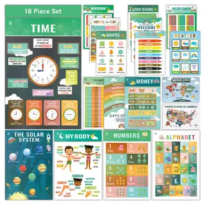DeerSen 2025 Upgraded Preschool Education Posters 18 Piece Set for Children Aged 1-5 Learning Posters with Letters Numbers Colors Shapes Ideal for Classrooms and Homes Kindergarten Wall Decoration