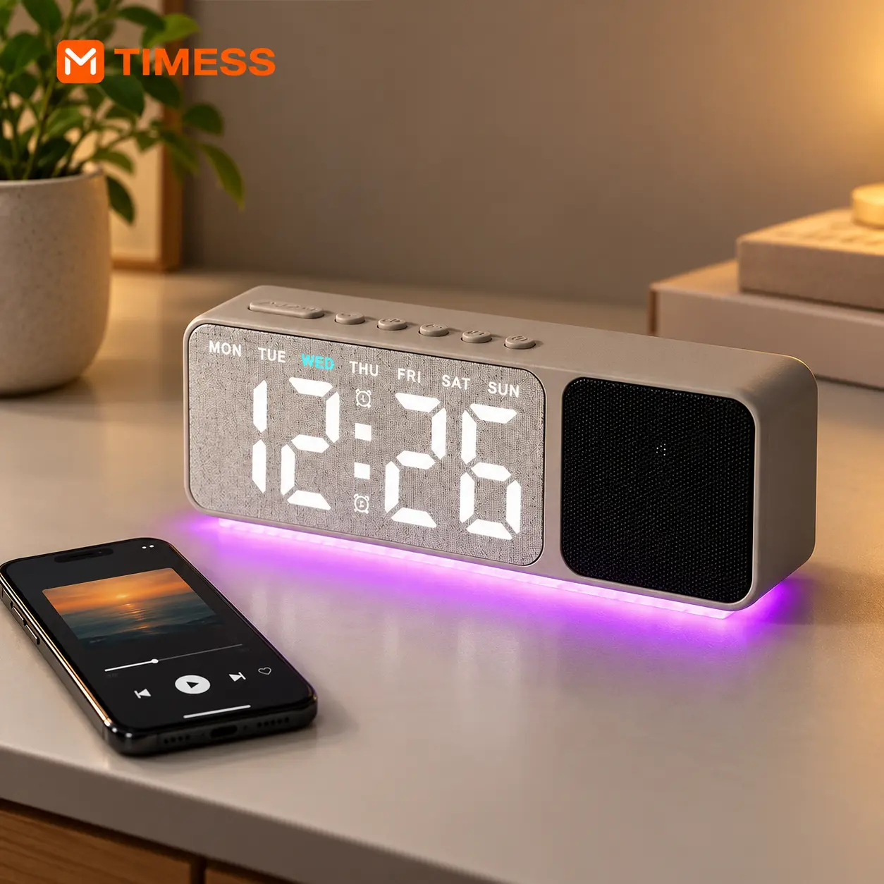 TIMESS Creative Digital Desk Clock - Compact Minimalist Nordic Plastic Rectangular Desk Decor with Mini Bluetooth Music Speaker, Multi-Color LED Ambient Light, BT Sync, Time & Weekday Display, Portable USB Rechargeable LED Alarm Clock, Creative Digital Cl