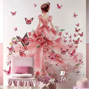 Dress Butterfly Girl Wall Sticker, Beautiful and Warm Teenage Style, Room Wall Decor Self-Adhesive, Easy to Apply, Art Stickers