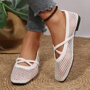 Women's Breathable Mesh Ballet Flats Square Toe Crisscross Strap Daily Wear Shoes