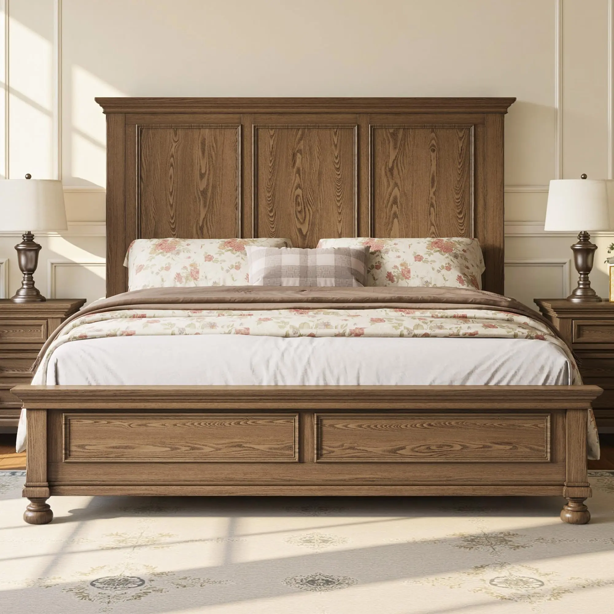 [SummerSale][Ships in 2 Boxes] AMERLIFE Traditional Solid Wood Bed Frame with 65.2" High Headboard, Platform Bed with Heavy Duty Slats, No Box Spring Needed, Easy Assembly