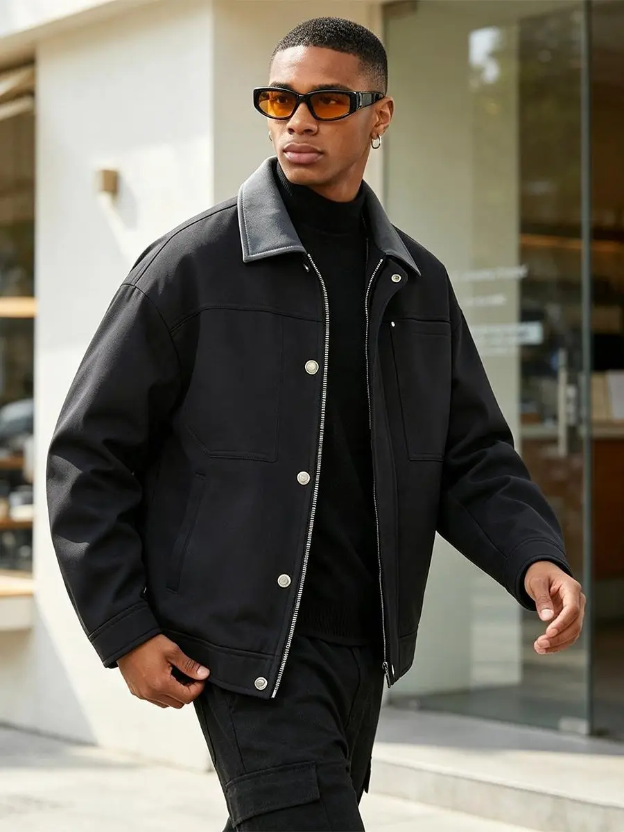 Men's Lapel Collar Trucker Utility Jacket Loose Fit, Medium Length, Hybrid Zip Snap Front Closure, Contrast Collar Piping, 2 Chest Patch Pockets, Side Hand Pockets, Heavy Duty Outer Coat, Machine Washable for Urban Cool Weather Casual Outfits