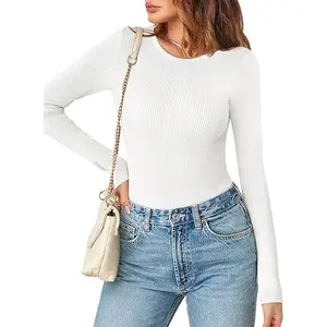 MEROKEETY Women's Long Sleeve Ribbed Bodysuits Crew Neck Slim Body Suits 2025 Knit Sweater Tops