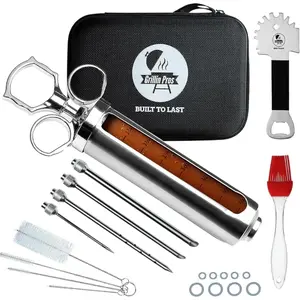 Professional Meat Injector Marinade  Kit for  & Grilling Turkey, Brisket & BBQ - Large 2 Oz Visible Stainless Steel Capacity - Never Leaks or Clogs + Safe Grill Cleaner & Flavor Brush