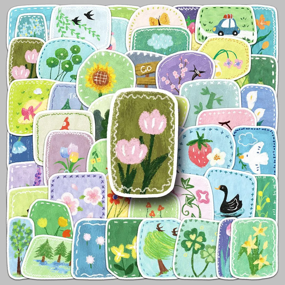 Cartoon Garden Pattern Sticker, 50pcs/set Cute Watercolor Decorative Sticker, DIY Decal for Water Bottle & Laptop & Phone Case, Floral Pattern Sticker