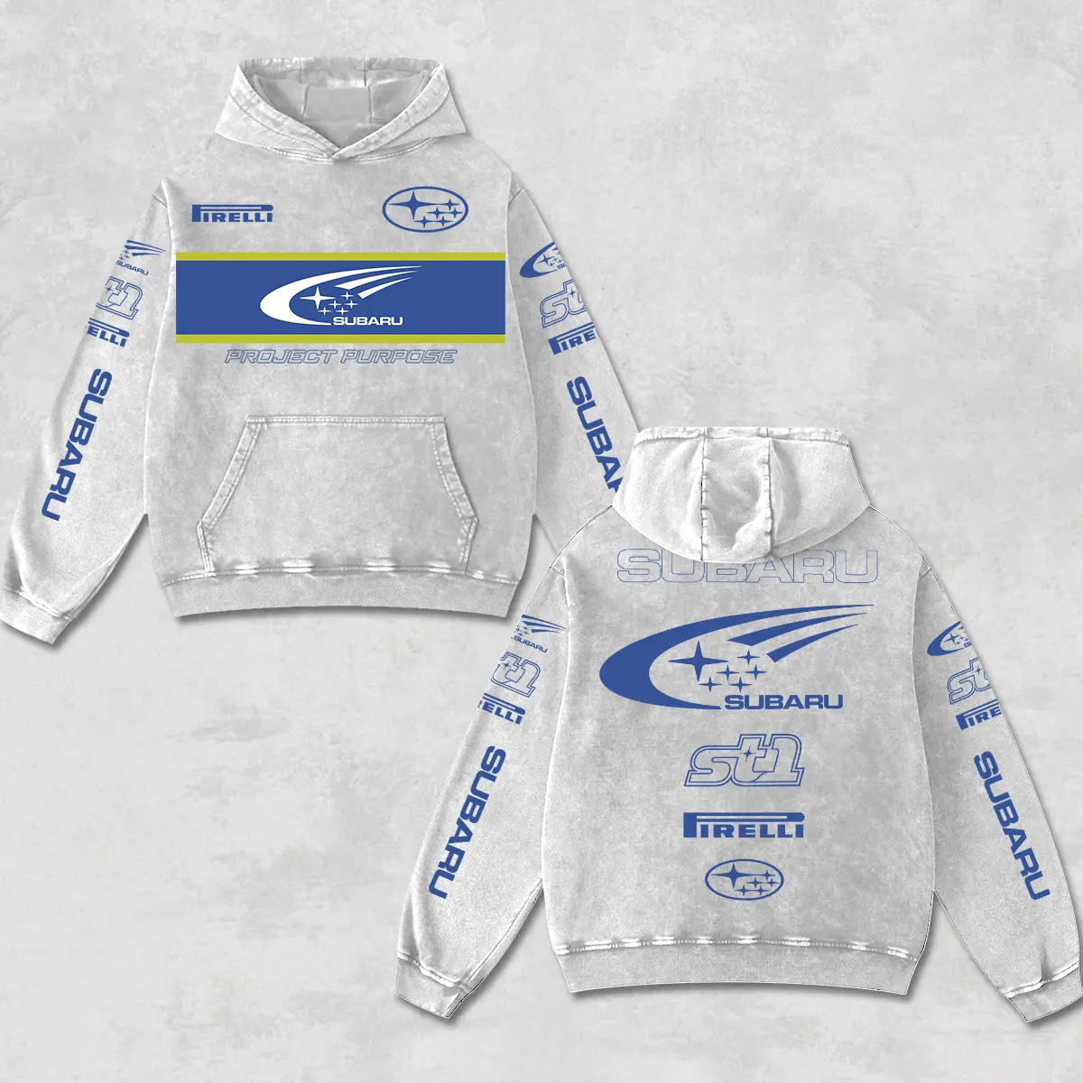 Retro Subaru STI Racing Hoodie Acid Washed Grey, Project Purpose JDM Rally Car Racing Enthusiast, Motorsport Off-Road Dirt Bike Graphic Streetwear, Retro Moto Gear Motorbike Apparel Men’s Grunge Y2K Racing Jacket Style