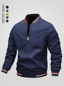 Men's Regular Fit Striped Print Zip Up Bomber Jacket, Casual Comfy Long Sleeve Stand Collar Pocket Outerwear for Fall & Winter, Men's Clothes for Daily Wear, Casual Fashion Jacket