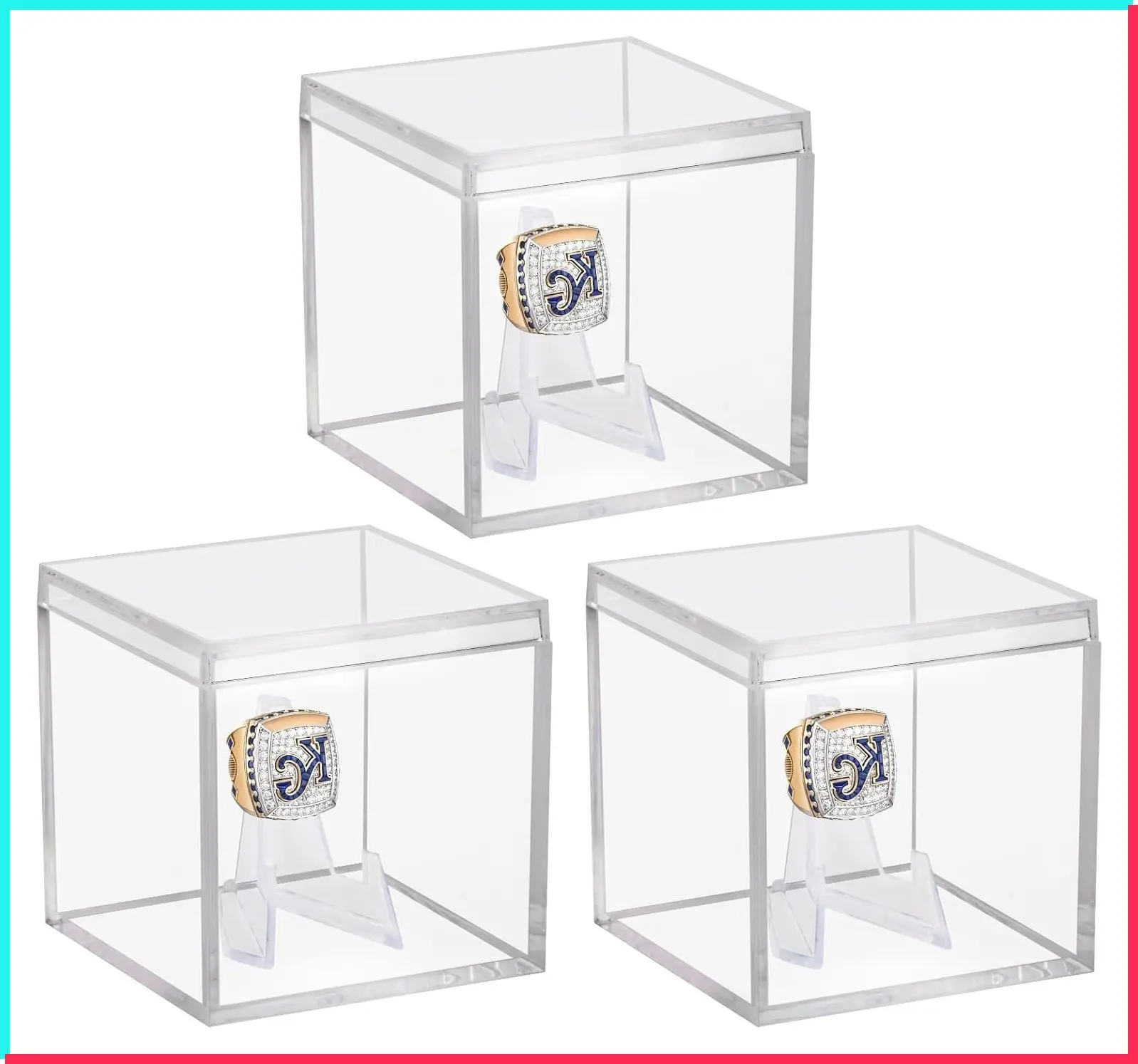 3 Pack Championship Ring Display Case Clear Acrylic Display Case Mini Football Baseball Softball Ring Holder Display Box Single Coin Stand 1 Slot Ring Hole Storage Box for Sports Fans, 2.16 Inch