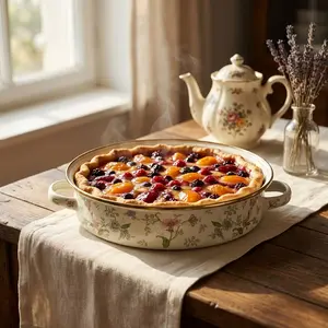 Floral Enamel Baking Dish with Dual Handles, Oven Safe Casserole Pan, Vintage Bakeware for Pasta, Roasting & Desserts, Easy Clean