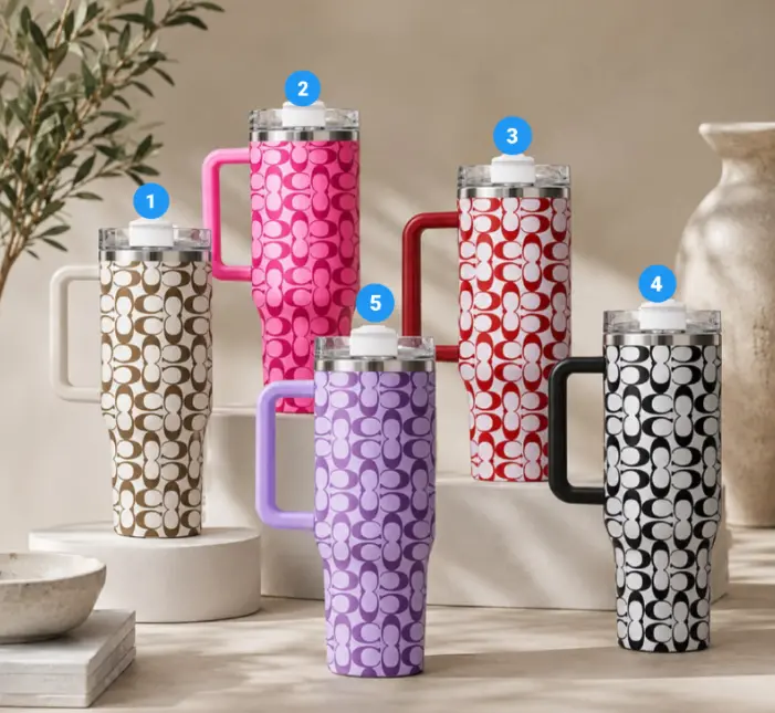 Luxury High-End Parisian Dogtooth Print Pattern 40oz/20oz Tumbler with Handle & Straw, Stainless Steel Double Wall Vacuum Insulated Travel Mug, Luxury Chic Aesthetic Edition, Keeps Drinks Hot & Cold