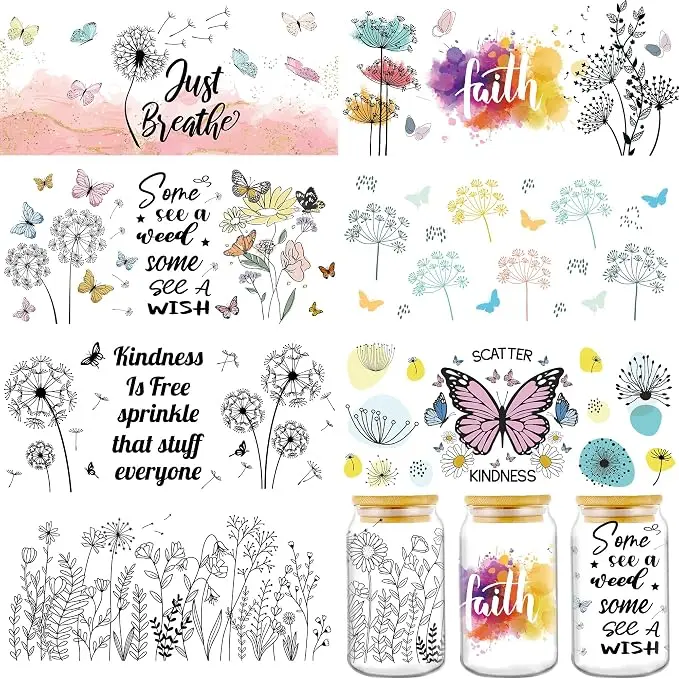 AFRITEE 8-Pack UV DTF Transfer Stickers (473.6g) - Breath-Activated, Butterfly & Flower Designs for Water Bottles, Glass, DIY Scrapbooking Crafts