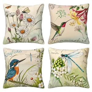 Pillow Cover Spring/Summer Pillow Cover Flower and Bird Country Style Outdoor Decoration Cushion Cover Suitable for Sofa Living Room 4-piece Set Double sided Printing