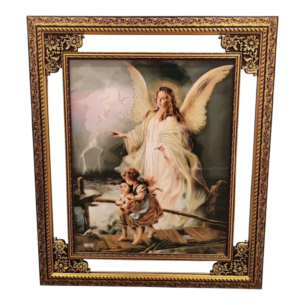 Angel de La Guarda 24"widex28"tall FR722GA Mediano Gold-Tone Mirrored Frame Thin Light Weight Half Body Guardian Angel Fino Marco Delgado Fancy Imagen Image Cuadro