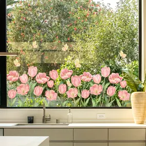 A piece of (30*90cm) electrostatic adsorption tulip and butterfly flower decorative sticker for beautifying living room and bedroom windows, model D15514-ZJ, Floral Pattern Sticker