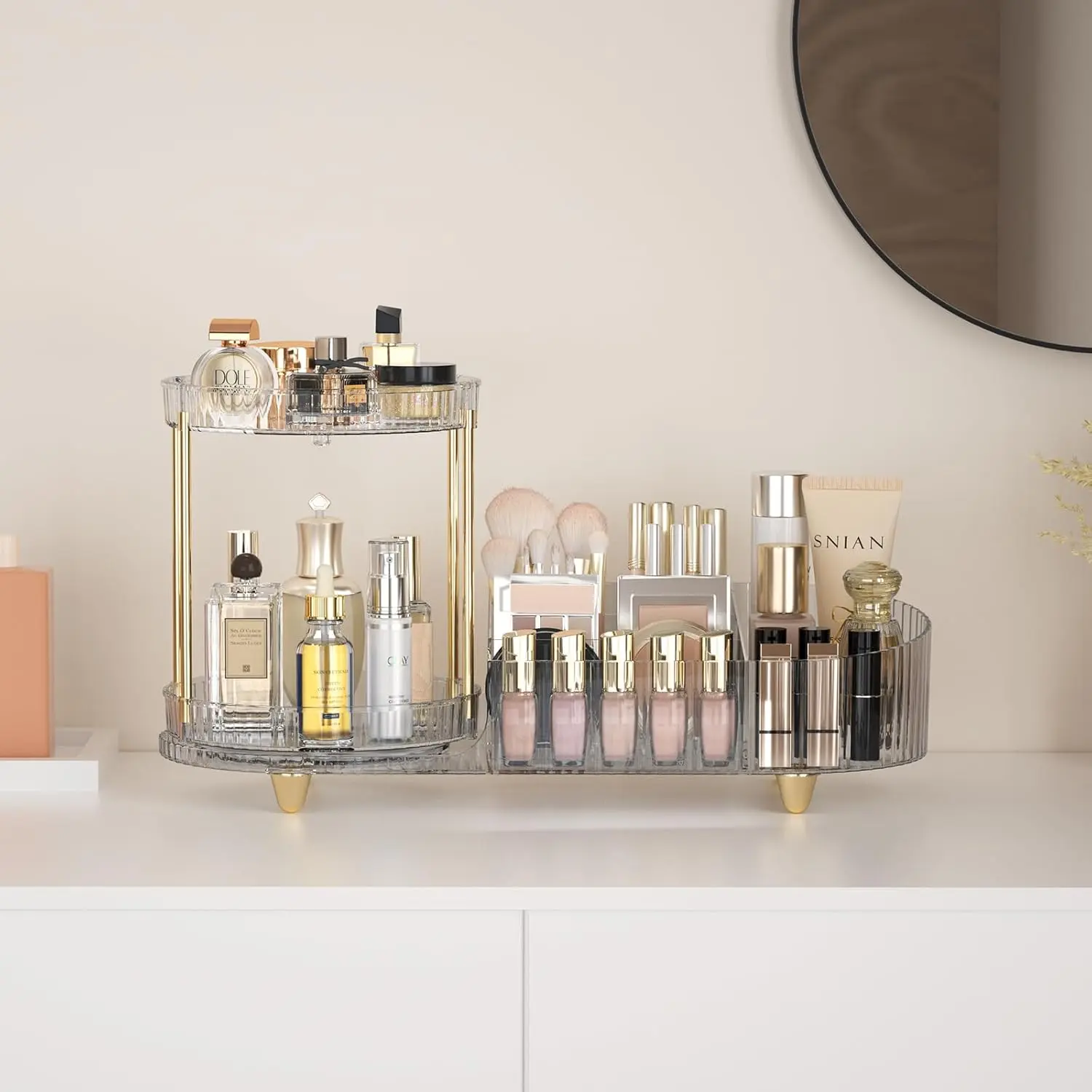 360° Rotating Beauty Organizer for Countertop, Modern Multifunctional Plastic Storage with 7 Compartments and Gold Metal Accents for Vanity, Interior Storage Organizer, Rotating Tray, Vanity Org., Rotates 360°