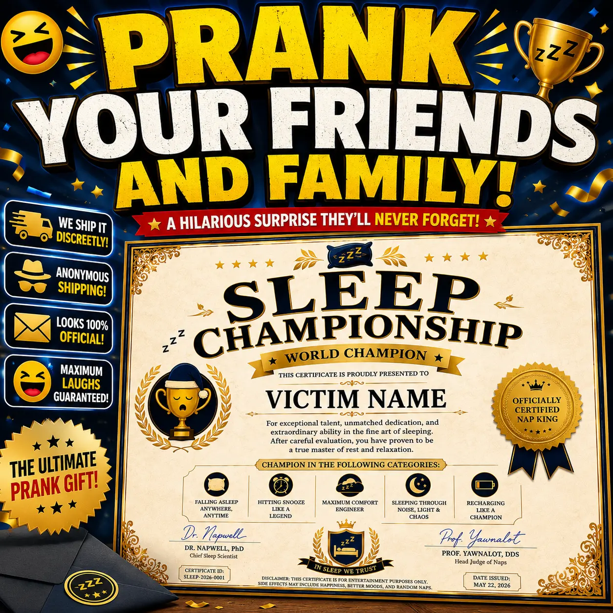 Prank Your Friends & Family | Personalized Sleep Championship Certificate | Funny Mail Prank Gift