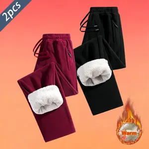 2PCS-Men's Fleece Lined Warm Winter Pants with Zippered Pockets - Cold Weather Outdoor Hiking & Skiing Pants for Couples Suitable for Autumn and Winter Chilly Days Casual Wear