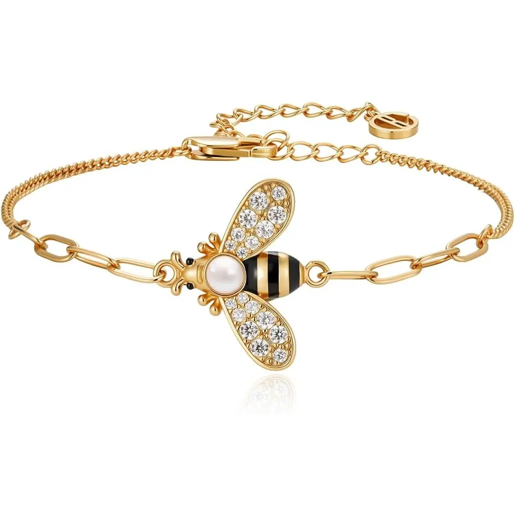 Cicy Bell Women's Bumble Bee 18K Gold Plated Bracelet with Oval Pearl Cubic Zirconia Figaro Chain Trendy Cute Animal Jewelry Gift